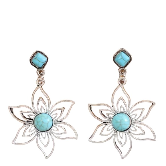 Boho Silver and Turquoise Flower Drop Earrings - Picture 2 of 6